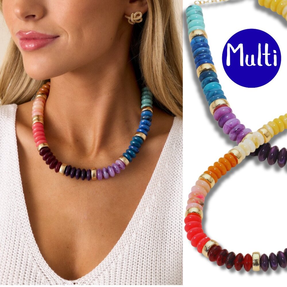 Rainbow Beaded Gold Multi-Color Neutral Boho Classic Statement Necklace NEW - Picture 10 of 10